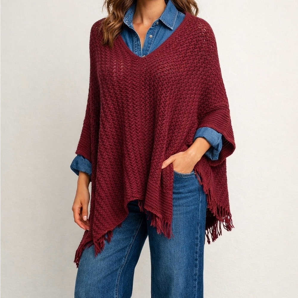 J.Jill Wine Knit Poncho Cape One Size Fringe Hem Cozy Boho Sweater Wrap